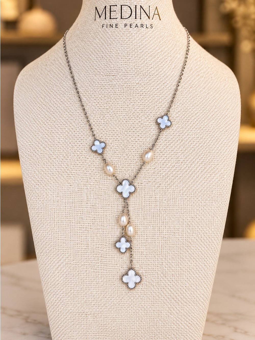 New Medina fine pearls White Pearl & Clover Lariat Necklace
